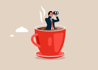 İş adamı bir fincan kahvenin içinde duruyor ve iş vizyonu için dürbün kullanıyor. Kahve zamanı için yaratıcı bir fikir. Düz vektör illüstrasyonu