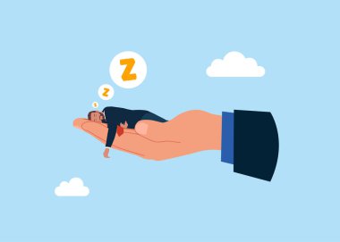 İş desteği, iş fırsatı. İş adamı uyurken büyük bir alkış. Modern düz vektör illüstrasyonu