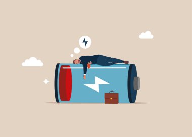 Şarj bataryası. Şarjı az bir iş adamı. Verimsiz, tükenmiş, aşırı yüklenmiş. İşteyken bitik haldeyim. Modern düz vektör illüstrasyonu.