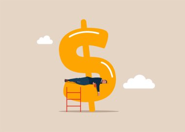 İşadamı büyüyen dolar işaretinde uyuyor. Finansal başarı. İş, Şirket, Fon, Altın. Modern düz vektör illüstrasyonu