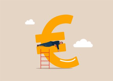İş adamı büyüyen avro tabelasında uyuyor. Finansal başarı. İş, Şirket, Fon, Altın. Modern düz vektör illüstrasyonu