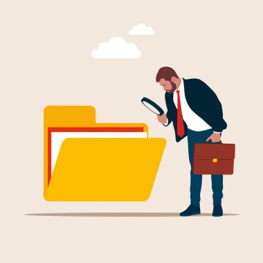 Bir belgede dosya arayan bir iş adamı. Bilgi depolama ve indeksleme. Kullanıcı ve veri arşivi. Belge, arama ya da dosya arşivi. Düz biçimli modern vektör illüstrasyonu.