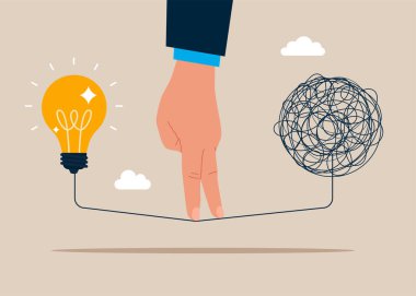 Kol karmaşasından uzaklaşıp basit bir ampul fikrine geçmek. Sorunu çözmek için çözüm, düşünme süreci ya da yaratıcılığı bulmak için fikri basitleştirin. Düz vektör illüstrasyonu