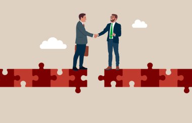 İş birleşme ve iş adamlarıyla el sıkışma bulmaca köprüsünü bağlama, pazarlığın sonu, başarı. Düz biçimli modern vektör illüstrasyonu