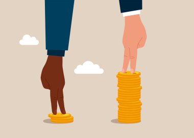 White hand human standing on high salary coins tower with poor man on low coins stack. Economic inequality, rich and poor gap, unfairness income, different money people being paid.  clipart