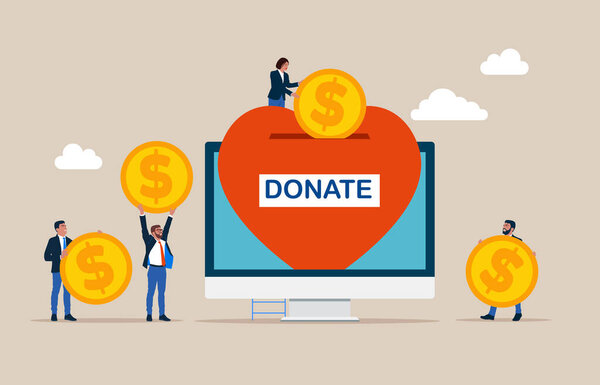 Business people putting coin a Donation Box in the shape of a heart with computer screen, money savings. Modern vector illustration in flat style