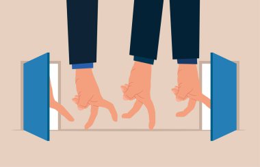 Great resignation, leaving company, people management or human resources problem. Hands business people resign and walk through exit door. Flat vector illustration clipart