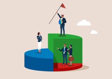 Başarı şirketi. Turta grafiğinde bayrak taşıyan başarılı işadamı rakiplerini yendi. İş adamları grafikte başarıya bakıyor. Vektör illüstrasyon düz tasarım.