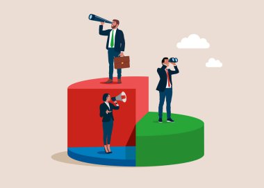 Ekonomik hisse kârı. Grafik üzerinde duran bir işadamı teleskop kullanarak başarıya bakıyor. Vektör illüstrasyon düz tasarım.