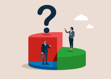 Problem ve kök analizi, araştırma ve liderlik becerileri iş problemlerine çözüm bulmak veya cevap bulmak için kullanılır. İş adamı ve takım elbiseli iş kadını. Çantası pasta çizelgesinde duruyor.. 