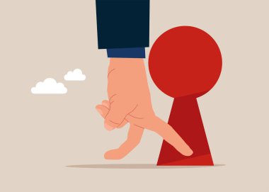 İnsan eli büyük duvardaki anahtar deliğine koşuyor, konsept iş fırsatı ve gelecekteki zorluklar. izometrik vektör çizimi.