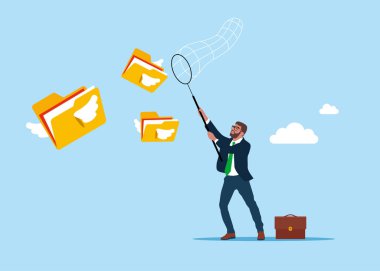 İş adamı uçup giden dosyaları yakalamak için acele ediyor. Düz biçimli modern vektör illüstrasyonu