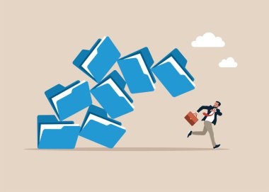 Sinirli iş adamı çökmüş dosya dizinlerinden kaçıyor. İletişim sorunu ya da aşırı yükleme, çok fazla klasör. Düz biçimli modern vektör illüstrasyonu