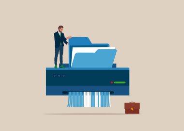 İşadamı tüm servetini yok etmek için dosyaları kağıt öğütücüye atıyor. Belgeler kötü yatırımı, dolandırıcılığı ve para kaybını ortadan kaldırıyor. Düz vektör illüstrasyonu.