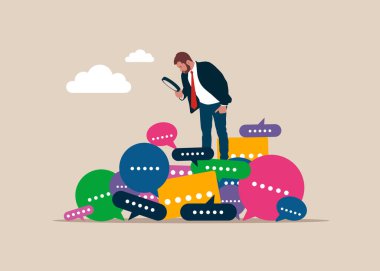 Büyüteçle iş adamı görüş ya da yorum arıyor. Tartışma, konuşma, toplantı, takım iletişimi, iş arkadaşı sohbeti, görüş. Düz vektör illüstrasyonu.