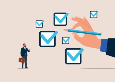 Başarı kontrol kutusu. Görev tamamlanmıştır. İşleri hallediyorum. Proje onayı ve başarı belgeleri. Düz biçimli modern vektör illüstrasyonu