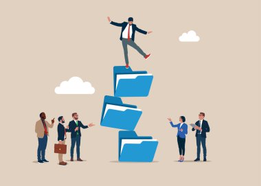 İstikrarsız dosya dizinleri işadamı elinde tutuyor. Veri tabanında dosya ve belge düzenleniyor. Düz vektör illüstrasyonu