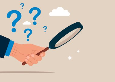 İş adamı büyüteçle arama yapıyor. Kim, nerede, ne zaman, nasıl diye düşünüyorum. 5w1h sorunu çözmek için soru soruyor, iş analizinden yeni fikre. 