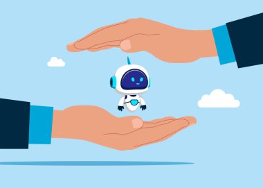 Elde robot, teknoloji ve yapay zeka. Büyük bir el, Cyborg 'u dikkatle tutuyor. Düz vektör illüstrasyonu.