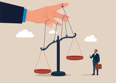 Bir elle kontrol edilerek ölçeklendir. Karşılıklı çıkar ve başarı. Hukuk danışmanı. Düz vektör illüstrasyonu