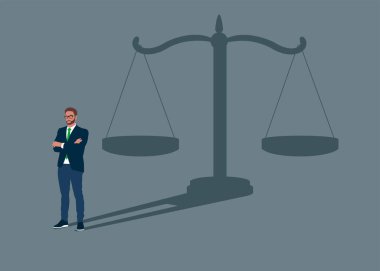 Liderlik için denge ve adalet. İş adamı, bir hukuk danışmanının sembolü olarak adalet terazisinin gölgesini duvara vuruyor. Düz vektör illüstrasyonu