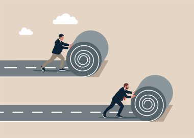 Rekabet. Hedefe ulaşmak için yol halısını yuvarlayan iş adamları. Düz vektör illüstrasyonu