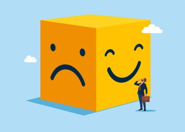 Bipolar. Sahte bir gülümsemeyle duygularını maskele. Mutluluk ve üzüntünün karışık duyguları. Düz vektör illüstrasyonu