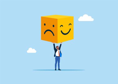 İş motivasyonu. Kızgın ve gülen yüzler. Düz vektör illüstrasyonu.