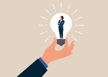 Zeka ve yenilikçi fikirler düşünen kadın. Düz vektör illüstrasyonu