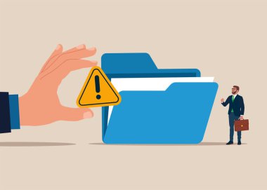 Dizindeki uygunsuz iş dosyaları verisi. Çevrimiçi veri transferi ile yolsuzlukla mücadele sahnesi. Dosyaları dizine yerleştirir. Veri tabanında dosya ve belge düzenleniyor. Düz vektör illüstrasyonu