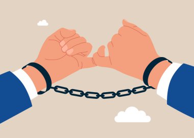 Serçe parmağı sözü veren ve zincirle bağlantılı iki iş adamı. Düz vektör illüstrasyonu