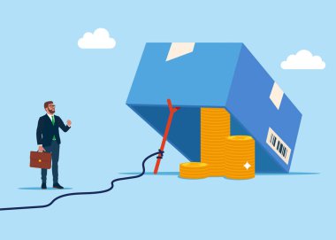 Businessman standing next to a trap with pile of coins. Trap made out of a box and a rope tide to a stick. Flat vector illustration clipart