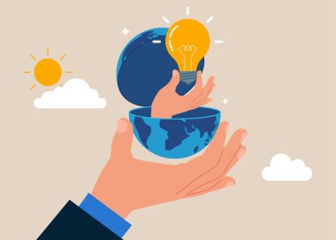 Girişimci açık dünya fikrini kullanarak. Mükemmel bir fikir. Elektrik lambaları. Düz vektör illüstrasyonu