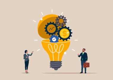 Ampulü aç da vites dişlilerini görelim. Zaman ve para dişlilerini döndürmek için. Para kazanma çabası, başarı uzun vadeli yatırım, son teslim tarihi. Düz vektör illüstrasyonu