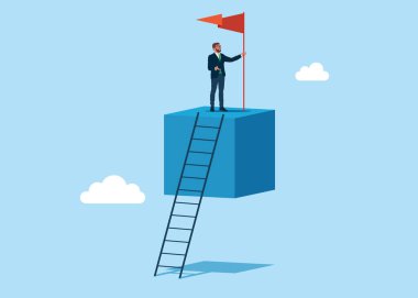 Askıya alınmış bir küpün tepesinde kırmızı bayrak taşıyan bilge iş adamı geleceği izliyor. Başarı şirketi. Düz vektör illüstrasyonu