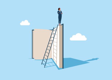 Kitabın tepesindeki bilge kadın. Eğitim ya da bilgi, iş başarısı elde etmek için beceri geliştirme, öğrenme ya da öğrenme yolunda adımlar atar. Düz vektör illüstrasyonu