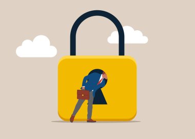 İş adamı kilidi açmak için bir anahtar deliğine giriyor. İş erişiminin kilidini aç. İş sorununu çöz, çözüm bulmak için profesyonelce davran. Düz vektör illüstrasyonu.