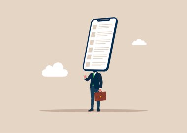 Kafası omuzlarında değil de akıllı telefonlu bir iş adamı. İnternet bağımlılığı. Sağlık sorunları. Sosyal ağlara bağımlıyım. Düz biçimli modern vektör illüstrasyonu