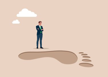 Little businessman following huge footprints in the sand. The man confronts and resists mental problems, stress with boss's. Modern flat vector illustration clipart