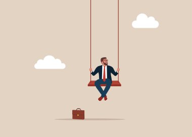 Bekliyorum. Rahatla iş adamı salıncakta sallanıyor. Sabır zamanı, konsantre olma ve başarıyı bekleme pratiği, profesyonel sakinlik ve farkındalık düşüncesi. Düz vektör illüstrasyonu. 