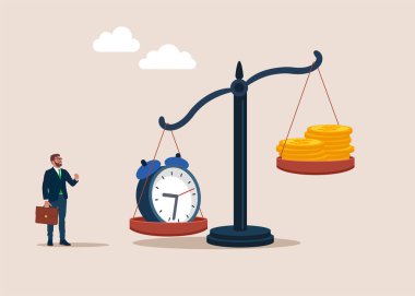 Zaman değeri. Zamanla parayı karşılaştır. Düz vektör illüstrasyonu. 