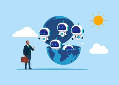 Robotlar geleceği görebilmek için dünyayı açıyor. Girişim için dünya teknolojisi vizyonu veya uluslararası fırsat, iş kurma veya çığır açan bir fikir başlatmak için yaratıcılık, yeni bir fikir. 