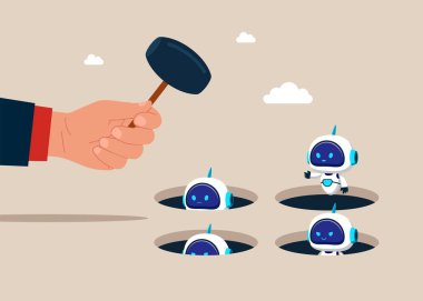 Çekici tutarken bir köstebek deliğinde robotlara çarpıyor. Düz vektör illüstrasyonu