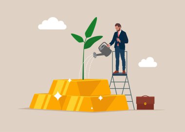 İşadamı altın külçeleri yığınında büyüme fidelerini suluyor. Yatırım, zenginlik yönetimi. Düz vektör illüstrasyonu.