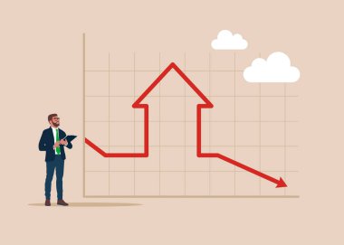 Ev satışları düşüyor. Gayrimenkul, yatırım ve düşüşlerdeki ev kredisi faizlerini düşür. Düz biçimli modern vektör illüstrasyonu