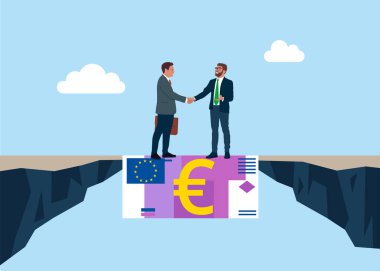 İş adamları anlaşma bittikten sonra para banknotları üzerinde el sıkışırlar. Avro para tasarısına yardım eden bir vektör ekonomi açığını kapatıyor iş insanlarının mali zorlukların üstesinden gelmesine yardımcı oluyor. 