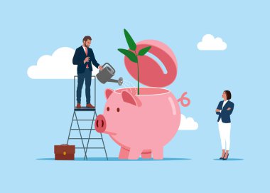 İş adamı domuz kumbarasında tohum yetiştiriyor. Yatırım, zenginlik yönetimi. Düz vektör illüstrasyonu.