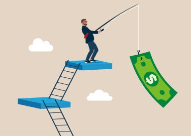 İşadamı oltayla para yakalıyor. Yükselen dolar fiyatı yeni rekor konsepti vurdu. Düz vektör illüstrasyonu