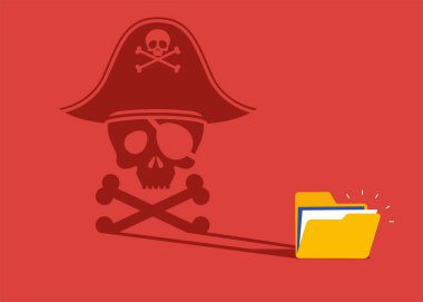 Korsan yazılım dizini, kafatasları ve çapraz kemikleri olan Jolly Roger 'a gölge düşürüyor. Güç, hırs. Düz vektör illüstrasyonu