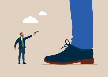 Ufacık bir işadamı elinde silahla dev bir adamı soyuyor. Büyük hırsızlık ve mülkiyet suçu. Para sorunları. Düz vektör illüstrasyonu